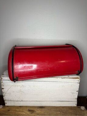Vintage Tomato Red Steel Roll Top Lid Bread Box Black Trim, MCM Kitschy Kitchen